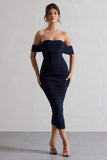 Lost For Words Navy Bardot Ruched Draped Midi Dress
