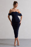 Lost For Words Navy Bardot Ruched Draped Midi Dress