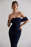 Lost For Words Navy Bardot Ruched Draped Midi Dress
