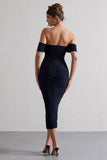 Lost For Words Navy Bardot Ruched Draped Midi Dress