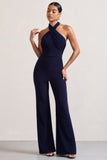 Goddess Navy Halter Neck Flare Jumpsuit