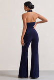 Goddess Navy Halter Neck Flare Jumpsuit