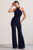 Goddess Navy Halter Neck Flare Jumpsuit