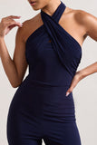 Goddess Navy Halter Neck Flare Jumpsuit