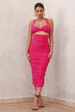 Embody Hot Pink Cut Out Twist Front Ruched Midi Dress