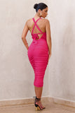 Embody Hot Pink Cut Out Twist Front Ruched Midi Dress