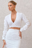 Sundown White Ruched Sleeve Wrap Detail Cropped Shirt