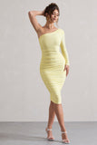 In The Shadows Yellow One Sleeve Midi Dress With Ruching