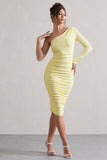 In The Shadows Yellow One Sleeve Midi Dress With Ruching