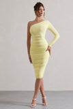 In The Shadows Yellow One Sleeve Midi Dress With Ruching
