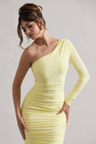 In The Shadows Yellow One Sleeve Midi Dress With Ruching