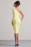 In The Shadows Yellow One Sleeve Midi Dress With Ruching