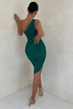 Late Night Bottle Green Asymmetric One Shoulder Ruched Midi Dress