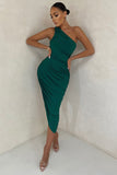 Late Night Bottle Green Asymmetric One Shoulder Ruched Midi Dress