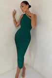 Late Night Bottle Green Asymmetric One Shoulder Ruched Midi Dress