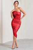 Late Night Red Rose Print Asymmetric One Shoulder Ruched Midi Dress