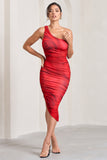 Late Night Red Rose Print Asymmetric One Shoulder Ruched Midi Dress