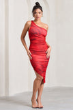Late Night Red Rose Print Asymmetric One Shoulder Ruched Midi Dress