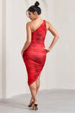 Late Night Red Rose Print Asymmetric One Shoulder Ruched Midi Dress
