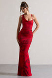 Phantasy Red Rose Print Asymmetric Neckline Cowl Maxi Dress