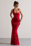 Phantasy Red Rose Print Asymmetric Neckline Cowl Maxi Dress