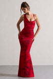 Phantasy Red Rose Print Asymmetric Neckline Cowl Maxi Dress