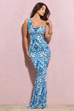 Phantasy Blue Porcelain Print Asymmetric Neckline Cowl Maxi Dress