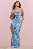 Phantasy Blue Porcelain Print Asymmetric Neckline Cowl Maxi Dress