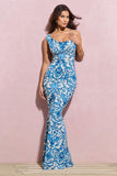 Phantasy Blue Porcelain Print Asymmetric Neckline Cowl Maxi Dress