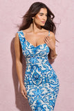 Phantasy Blue Porcelain Print Asymmetric Neckline Cowl Maxi Dress