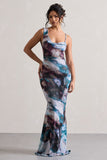 Phantasy Multi Print Asymmetric Neckline Cowl Maxi Dress