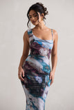 Phantasy Multi Print Asymmetric Neckline Cowl Maxi Dress