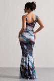 Phantasy Multi Print Asymmetric Neckline Cowl Maxi Dress