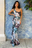 Phantasy Multi Print Asymmetric Neckline Cowl Maxi Dress