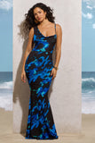 Phantasy Navy Floral Print Asymmetric Neckline Cowl Maxi Dress