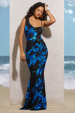 Phantasy Navy Floral Print Asymmetric Neckline Cowl Maxi Dress