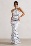 Unstoppable White Polka Dot Satin Cross Over Halter Neck Maxi Dress