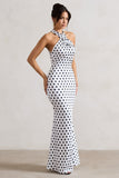 Unstoppable White Polka Dot Satin Cross Over Halter Neck Maxi Dress
