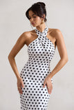 Unstoppable White Polka Dot Satin Cross Over Halter Neck Maxi Dress