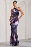 Unstoppable Marble Print Satin Cross Over Halterneck Maxi Dress
