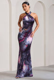 Unstoppable Marble Print Satin Cross Over Halterneck Maxi Dress