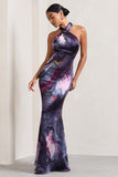 Unstoppable Marble Print Satin Cross Over Halterneck Maxi Dress