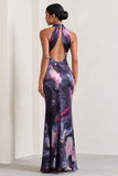 Unstoppable Marble Print Satin Cross Over Halterneck Maxi Dress