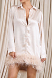 Step It Up Ivory Satin Shirt Mini Dress With Feather Trim