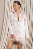 Step It Up Ivory Satin Shirt Mini Dress With Feather Trim