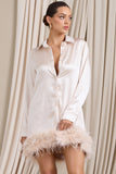 Step It Up Ivory Satin Shirt Mini Dress With Feather Trim