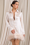 Step It Up Ivory Satin Shirt Mini Dress With Feather Trim
