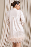 Step It Up Ivory Satin Shirt Mini Dress With Feather Trim