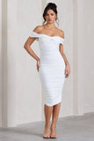 Gratitude White Off The Shoulder Ruched Midi Dress