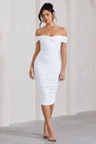 Gratitude White Off The Shoulder Ruched Midi Dress
